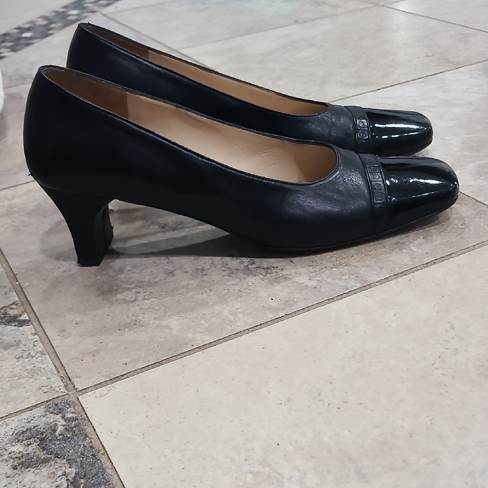 Salvatore Ferragamo Black Square Toe Heels.